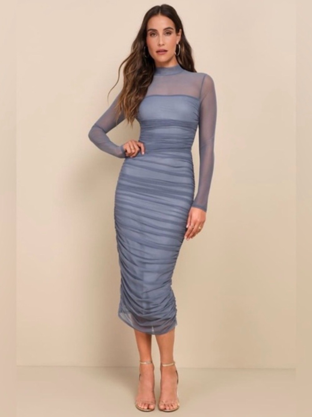 Lulu's Dusty Blue Sheer-Sleeve Ruched Midi Dress